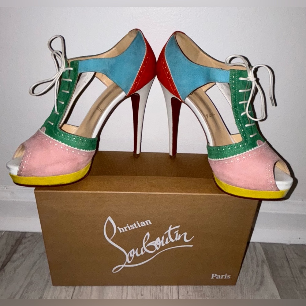 Christian Louboutin White Leather & MultiColor Suede Lace Peep Toe Stilettos 38